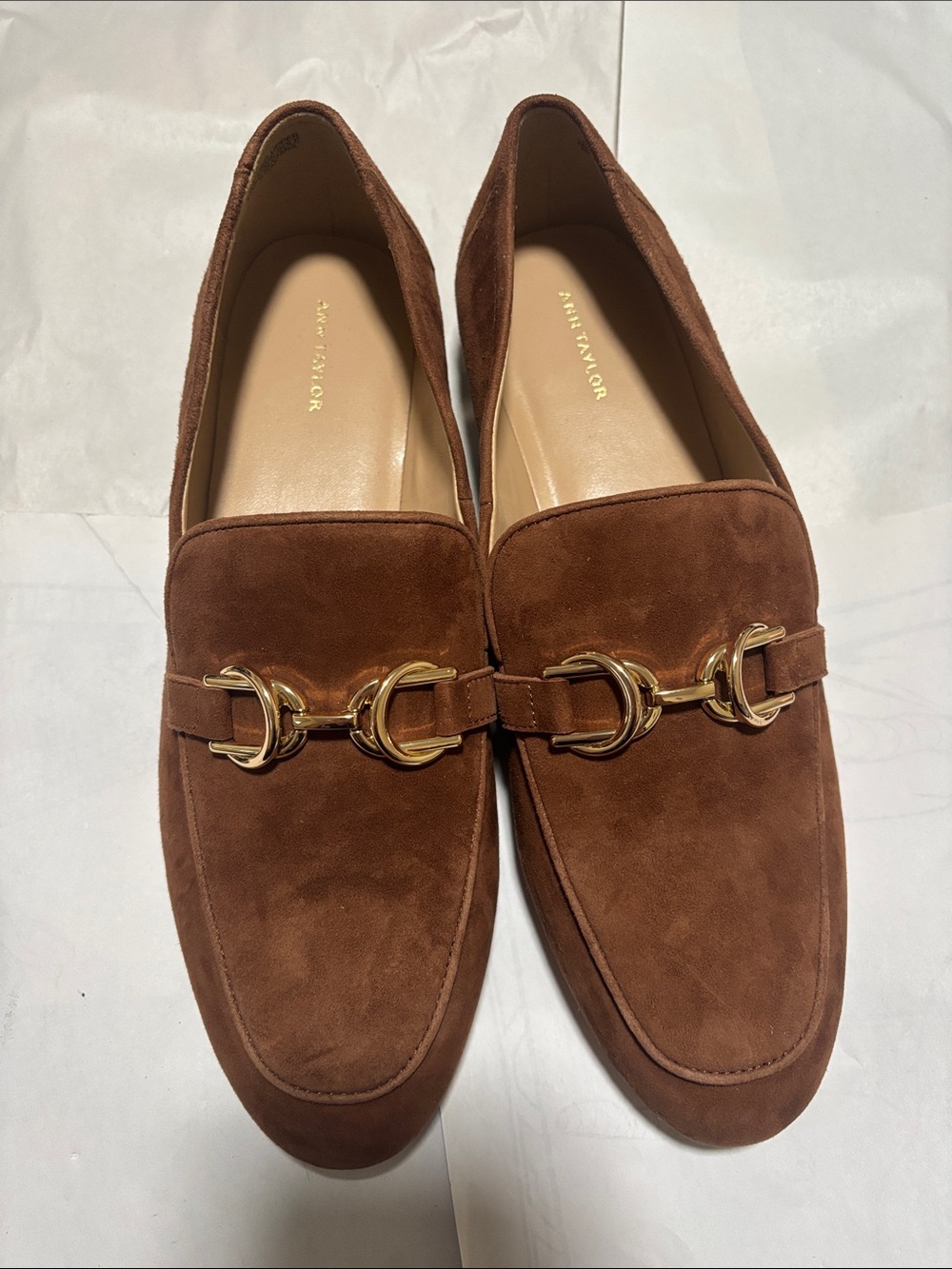 Ann Taylor Chestnut Suede Loafers with Gold Horsebit Detail